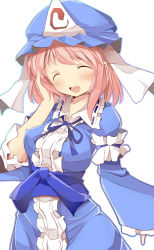 Rule 34 | 1girl, ^ ^, blue dress, closed eyes, commentary request, dress, closed eyes, hat, highres, hitodama, japanese clothes, kimono, long sleeves, mob cap, mukuroi, obi, open mouth, perfect cherry blossom, pink eyes, pink hair, saigyouji yuyuko, sash, short hair, solo, touhou, triangular headpiece, wide sleeves