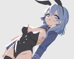 Rule 34 | 1girl, ako (blue archive), animal ears, black leotard, black thighhighs, blue archive, blue eyes, blue hair, breasts, cowboy shot, fake animal ears, fake horns, grey background, groin, hair between eyes, horns, large breasts, leotard, long hair, long sleeves, looking at viewer, open mouth, rabbit ears, rabbit tail, simple background, skeptycally, solo, strapless, strapless leotard, tail, thighhighs, twitter username