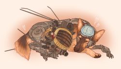 Rule 34 | animal, antennae, brain, commentary, dead-settlements, dog, ed-e, english commentary, fallout (series), fallout: new vegas, german shepherd, heart, highres, mechanical parts, no humans, non-humanoid robot, rex (fallout new vegas), robot, signature, sleeping