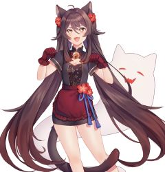Rule 34 | 1girl, alternate costume, animal ears, bell, breasts, brown hair, cat ears, cleavage, genshin impact, ghost, highres, hu tao (genshin impact), jingle bell, llicornia, long hair, looking at viewer, red eyes, short sleeves, small breasts, smile, solo, twintails, very long hair