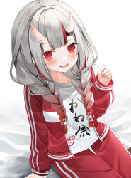 Rule 34 | 1girl, absurdres, blush, braid, fang, gradient hair, grey hair, hair between horns, highres, hololive, horns, jacket, looking at viewer, low twin braids, multicolored hair, nakiri ayame, nakiri ayame (7th costume), nakiri ayame (off-work), ohagetty, open clothes, open jacket, open mouth, pants, red eyes, red hair, red jacket, red pants, shirt, sitting, skin-covered horns, skin fang, solo, streaked hair, track jacket, track pants, twin braids, virtual youtuber, white background, white shirt