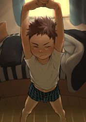 Rule 34 | 1boy, a-roku (eeroku), barefoot, bed, blue boxers, blush, boxers, brown hair, closed eyes, from above, highres, male focus, male underwear, morning, original, plaid, shirt, solo, stretching, sunlight, t-shirt, underwear, window