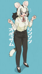 Rule 34 | 1girl, :d, absurdres, appleq, black footwear, black hair, black pants, blue background, blush, breasts, collared shirt, commentary request, dress shirt, full body, grey hair, hair between eyes, highres, kemono friends, long hair, long sleeves, multicolored hair, neck ribbon, open mouth, pants, possum ears, possum girl, possum tail, red ribbon, ribbon, shadow, shirt, shoes, simple background, small breasts, smile, solo, standing, translation request, two-tone hair, white-eared opossum (kemono friends), white hair, white shirt