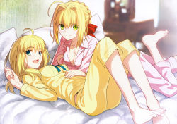 Rule 34 | &gt;:), 10s, 2girls, :d, absurdres, ahoge, alternate costume, artoria pendragon (all), artoria pendragon (fate), barefoot, bed, blonde hair, bow, braid, breasts, cleavage, fate/extra, fate/stay night, fate (series), feet, hair bow, hair intakes, highres, indoors, leg up, looking at viewer, lying, multiple girls, nero claudius (fate), nero claudius (fate) (all), nero claudius (fate/extra), on back, on bed, on stomach, open mouth, pajamas, pillow, saber (fate), scan, smile, takeuchi takashi, the pose, toes, v-shaped eyebrows