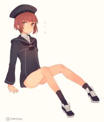 Rule 34 | 10s, 1girl, beret, brown eyes, brown hair, clothes writing, dress, hat, kantai collection, rom (romshiro), romshiro, sailor dress, sailor hat, short hair, sitting, solo, translation request, twitter username, z3 max schultz (kancolle)