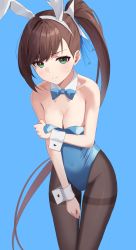 Rule 34 | 1girl, 3:, animal ears, bare arms, bare shoulders, black survival, blue background, blue leotard, bow, bowtie, breasts, brown hair, brown pantyhose, cleavage, closed mouth, cowboy shot, detached collar, eternal return: black survival, fake animal ears, fiora pellerin, frown, green eyes, hair ribbon, hairband, highleg, highleg leotard, highres, leotard, long hair, looking at viewer, medium breasts, minn (kangjm1107), pantyhose, playboy bunny, ponytail, rabbit ears, ribbon, simple background, solo, standing, strapless, strapless leotard, sweatdrop, thighband pantyhose, v-shaped eyebrows, very long hair, wrist cuffs