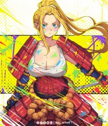 Rule 34 | 1girl, armor, beatrix amerhauser, blonde hair, blue eyes, blue gloves, breasts, cleavage, closed mouth, collarbone, commentary, dual wielding, elbow gloves, english commentary, gloves, hair pulled back, high ponytail, highres, holding, holding sword, holding weapon, japanese armor, jk arts, katana, kote, kusazuri, large breasts, long hair, looking at viewer, orange rope, paint splatter, ponytail, rope, serious, sidelocks, signature, solo, sword, tank top, torn clothes, torn tank top, weapon, white tank top, zom 100: zombie ni naru made ni shitai 100 no koto