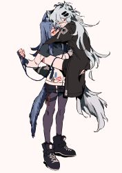 Rule 34 | 2girls, absurdres, animal ear fluff, animal ears, arknights, black footwear, black jacket, black shorts, blue hair, boots, closed eyes, closed mouth, fingerless gloves, from side, full body, gloves, grey gloves, grey hair, grey legwear, hair between eyes, hair ornament, hairclip, highres, holding, holding leash, holding person, hug, jacket, lappland (arknights), leash, long hair, long jacket, long sleeves, looking at viewer, matumot, messy hair, multiple girls, pantyhose, red eyes, scar, scar across eye, scar on face, shoelaces, short shorts, shorts, simple background, smile, standing, star (symbol), tail, texas (arknights), very long hair, white background, white jacket, wolf ears