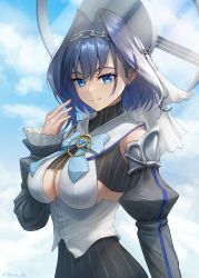Rule 34 | 1girl, :d, blue neckwear, blue sky, blush, bow, bowtie, breasts, chain, chain headband, cleavage, cloud, cloud background, cloudy sky, crop top, detached sleeves, hair intakes, halo, head chain, highres, hololive, hololive english, jewelry, large breasts, long hair, looking at viewer, mechanical halo, open mouth, ouro kronii, sideboob, sky, smile, stormstx, striped, sunlight, turtleneck, virtual youtuber, zipper