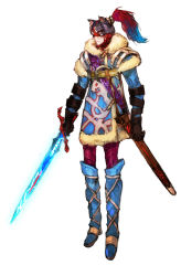 Rule 34 | 1boy, absurdres, animal ears, black gloves, blue hair, boots, cape, cat ears, earrings, endir, full body, gloves, highres, ikenie to yuki no setsuna, jewelry, male focus, mask, multicolored hair, pants, ponytail, red hair, solo, sword, toi8, weapon, white background