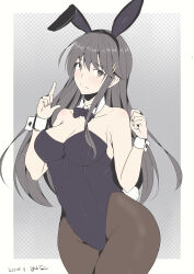 Rule 34 | 1girl, alternate costume, animal ears, bare shoulders, black hair, black leotard, black pantyhose, blush, bow, bowtie, breasts, brown eyes, cleavage, covered navel, cowboy shot, detached collar, fake animal ears, fake tail, grey background, hair ornament, hairband, hairclip, haruna (kancolle), haruna kai ni (kancolle), highres, kantai collection, leotard, long hair, looking at viewer, medium breasts, pantyhose, playboy bunny, rabbit ears, rabbit tail, side-tie leotard, smile, solo, strapless, strapless leotard, tail, taira yuuki, traditional bowtie, two-tone background, white background, wrist cuffs