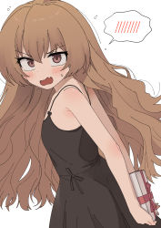 Rule 34 | 1girl, aisaka taiga, armpit crease, arms behind back, bare shoulders, black dress, blush, bow, brown eyes, collarbone, dress, dress bow, dutch angle, fang, flat chest, from side, gift, hair between eyes, highres, holding, holding gift, light brown hair, long hair, looking ahead, nakta, open mouth, see-through silhouette, sidelocks, simple background, solo, spaghetti strap, spoken blush, standing, sweatdrop, toradora!, turning head, v-shaped eyebrows, very long hair, wavy hair, wavy mouth, white background
