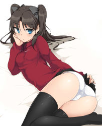 Rule 34 | 1girl, ass, black hair, black thighhighs, blue eyes, blush, clothes lift, fate/stay night, fate (series), hair ribbon, lifted by self, long hair, long legs, long sleeves, looking at viewer, momio, panties, ribbon, skirt, skirt lift, solo, thighhighs, tohsaka rin, twintails, two side up, underwear, white panties