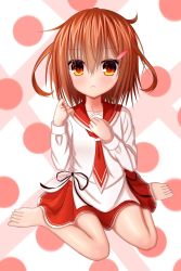 Rule 34 | 1girl, :&lt;, alternate costume, bad id, bad pixiv id, barefoot, blush, brown eyes, brown hair, closed mouth, collarbone, commentary request, full body, hair between eyes, hair ornament, hairclip, hakuto momiji, hand on own chest, hands up, highres, ikazuchi (kancolle), kantai collection, long sleeves, looking at viewer, pleated skirt, red sailor collar, red skirt, ruffling hair, sailor collar, school uniform, serafuku, shirt, sitting, skirt, solo, toenails, wariza, white shirt