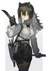 Rule 34 | 1girl, absurdres, animal ears, animal hands, arknights, bag, barcode, black pantyhose, black shorts, brown hair, collared shirt, commentary, cowboy shot, cross tie, dagger, dual wielding, grey background, hair between eyes, hand up, highres, holding, holding dagger, holding knife, holding weapon, knife, leg tattoo, long hair, long sleeves, neumo, pantyhose, ponytail, raccoon ears, robin (arknights), shirt, shorts, shoulder bag, simple background, solo, tattoo, weapon, white shirt, yellow eyes