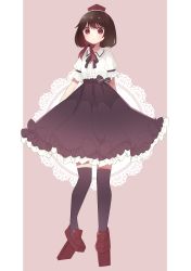 Rule 34 | 1girl, absurdres, black bow, black neckwear, black skirt, black thighhighs, border, bow, brown hair, closed mouth, hat, highres, linda 18, looking at viewer, pink background, red eyes, red footwear, red hat, shameimaru aya, shirt, shoes, short hair, short sleeves, skirt, solo, thighhighs, touhou, white border, white shirt, white sleeves