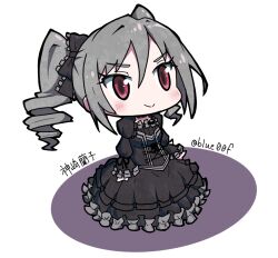 Rule 34 | 1girl, black bow, black dress, blush, bow, character name, chibi, circle, closed mouth, commentary, dress, drill hair, frilled bow, frilled dress, frills, full body, gothic lolita, grey dress, grey hair, hair between eyes, hair bow, hair ornament, idolmaster, idolmaster cinderella girls, kanzaki ranko, lolita fashion, long dress, long sleeves, looking ahead, oofushi ao, red eyes, simple background, sleeves past wrists, smile, solo, standing, tsurime, twintails, two-tone dress, white background