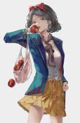Rule 34 | 1girl, absurdres, apple, black hair, blazer, blue jacket, bow, breasts, cowboy shot, food, fruit, grey background, hair bow, highres, holding, holding food, holding fruit, jacket, jenmin12, looking at viewer, open clothes, open jacket, open mouth, orange eyes, parted bangs, pleated skirt, red bow, shirt, short hair, simple background, skirt, small breasts, snow white, solo, translation request, white shirt, yellow skirt
