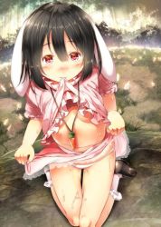 Rule 34 | 1girl, animal ears, black hair, blush, breasts, carrot, clothes lift, floppy ears, forest, from above, hair between eyes, inaba tewi, jewelry, kneeling, looking at viewer, mary janes, mouth hold, nature, navel, outdoors, panties, pendant, pink shirt, pink skirt, pussy juice, rabbit ears, red eyes, shirt, shirt lift, shoes, short hair, skirt, skirt lift, small breasts, smile, socks, solo, sugiyuu, sweat, sweatdrop, thigh gap, touhou, tree, underwear, white panties