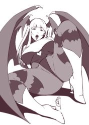 Rule 34 | 1girl, boots, breasts, capcom, ganto, head wings, large breasts, long hair, looking at viewer, monochrome, morrigan aensland, open mouth, pantyhose, plump, simple background, thick thighs, thighs, tongue, tongue out, vampire (game), white background, wings