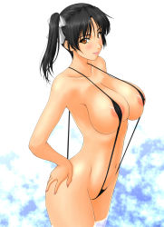 1girl areola_slip bad_id bad_pixiv_id black_hair blush breasts brown_eyes covered_erect_nipples cowboy_shot female_focus hands_on_own_hips highres large_breasts muryuuin_tayun navel nipples original side_ponytail slingshot_swimsuit solo standing swimsuit