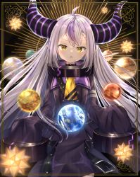 Rule 34 | 1girl, absurdres, ahoge, ascot, belt, black coat, blush, braid, braided bangs, choker, coat, hair between eyes, highres, hololive, horns, la+ darknesss, long hair, looking at viewer, multicolored hair, open mouth, planet, planetarium, planetary ring, purple hair, sidelocks, silver hair, small stellated dodecahedron, solo, star (symbol), streaked hair, ukiukikiwi2525, very long hair, virtual youtuber, wide sleeves, yellow ascot