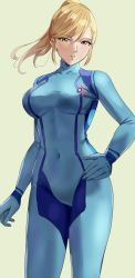 Rule 34 | 1girl, amayo thranana, blonde hair, blue bodysuit, bodysuit, breasts, covered collarbone, covered navel, gradient background, green eyes, highres, long sleeves, looking at viewer, medium breasts, metroid, nintendo, parted lips, ponytail, samus aran, simple background, skin tight, smile, solo, zero suit