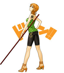 Rule 34 | 1girl, ass, east blue, female focus, full body, green shirt, hand on own hip, high heels, hip focus, jolly roger, looking back, nami (one piece), one piece, open shoes, orange hair, over shoulder, pirate, pole, polearm, sandals, shirt, shoes, shorts, simple background, solo, staff, standing, suyu38, tank top, tattoo, weapon, white background