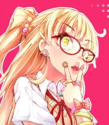 Rule 34 | 10s, 1girl, bespectacled, blonde hair, blush, bracelet, eyelashes, glasses, green eyes, hair ornament, hato haru, highres, idolmaster, idolmaster cinderella girls, jewelry, jougasaki rika, long hair, looking at viewer, nail art, nail polish, open mouth, solo, twintails, two side up, v, wristband