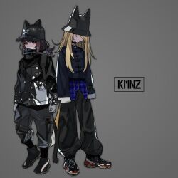 Rule 34 | 2girls, alternate costume, animal hat, arms at sides, baseball cap, black choker, black footwear, black headwear, black jacket, black pants, blonde hair, blue shirt, brown hair, choker, closed mouth, commentary, covered eyes, english commentary, full body, grey background, hat, high collar, jacket, kmnz, long hair, long sleeves, looking at viewer, low ponytail, mc lita, mc liz, multiple girls, o-ring, o-ring choker, pants, plaid, plaid shirt, puffy pants, red eyes, seimannu, shirt, shoes, simple background, sleeves past fingers, sleeves past wrists, sneakers, standing, streetwear, virtual youtuber