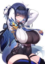 Rule 34 | 1girl, 5danny1206, absurdres, arms behind head, black hairband, black leotard, black thighhighs, blue gloves, blue hair, blue necktie, breasts, bright pupils, cleavage, commission, cosplay, covered navel, eula (genshin impact), eula (genshin impact) (cosplay), eyes visible through hair, genshin impact, gloves, grey eyes, hair over one eye, hair ribbon, hairband, highres, large breasts, leotard, long hair, necktie, parted lips, ribbon, see-through, see-through cleavage, sitting, skindentation, solo, thighhighs, white pupils, white ribbon