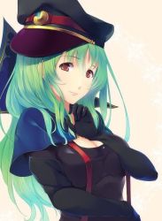 Rule 34 | 10s, 1girl, black hat, bodysuit, breasts, brown eyes, cleavage, eyebrows, gloves, green hair, hat, headgear, light smile, long hair, long sleeves, looking at viewer, matsukawa (pale scarlet), simple background, smile, smirk, solo, star driver, upper body, watanabe kanako, white background