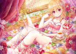 Rule 34 | 1girl, bare arms, bare shoulders, bathing, blonde hair, blueberry, breasts, camisole, cleavage, commentary request, cup, curtains, faucet, feet out of frame, flower, food, fruit, hair between eyes, hair flower, hair ornament, indoors, jar, lace, lace-trimmed ribbon, lace trim, leaf, leg ribbon, long hair, looking at viewer, medium breasts, nail polish, naru din, original, painting (medium), parfait, partially submerged, pink eyes, pink nails, pink ribbon, raspberry, ribbon, rose, saucer, sitting, smile, solo, spaghetti strap, spoon, strawberry, tea, teacup, traditional media, tray, wafer stick, watercolor (medium), white flower, wooden tray