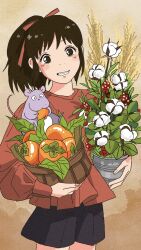 Rule 34 | 1girl, aged up, basket, black shorts, blush, bou (sen to chihiro no kamikakushi), brown background, brown hair, casual, cowboy shot, eating, flower, flower pot, food, fruit, grin, hair ribbon, highres, holding, holding basket, holding flower pot, long sleeves, looking at viewer, mouse (animal), ogino chihiro, persimmon, plant, ponytail, potted plant, puffy long sleeves, puffy sleeves, red ribbon, red shirt, ribbon, rikaco1988, sen to chihiro no kamikakushi, shirt, short hair, shorts, smile, wheat, white flower