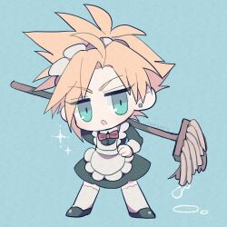 Rule 34 | 1boy, apron, black footwear, blonde hair, blue background, bow, bowtie, chibi, cloud strife, crossdressing, dripping, earrings, expressionless, final fantasy, final fantasy vii, green eyes, hand on own hip, holding, holding mop, jewelry, blue background, maid, maid apron, maid headdress, male focus, mop, open mouth, red bow, red bowtie, short hair, sparkle, spiked hair, stud earrings, thighhighs, ttnoooo, white thighhighs