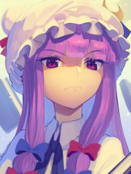 Rule 34 | 1girl, black ribbon, blue bow, blue ribbon, blunt bangs, boa (brianoa), book, bow, closed mouth, commentary, crescent, crescent hat ornament, english commentary, hair bow, hat, hat ornament, hat ribbon, highres, long hair, looking at viewer, mob cap, neck ribbon, patchouli knowledge, portrait, purple eyes, purple hair, red bow, red ribbon, ribbon, serious, sidelocks, solo, touhou, twitter username, wing collar