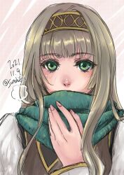Rule 34 | 1girl, alicia (valkyrie profile 2), blonde hair, blue eyes, dated, green scarf, hairband, highres, long hair, looking at viewer, puffy sleeves, scarf, solo, sutehiko, valkyrie profile (series), valkyrie profile 2: silmeria