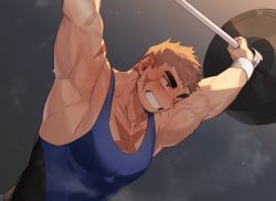 Rule 34 | 1boy, armpits, bara, barbell, bare pectorals, biceps, brown hair, exercising, gondom, green eyes, highres, male focus, manly, muscular, muscular male, original, pectorals, scar, scar on chest, scar on face, short hair, solo, sweat, sweatdrop, tank top, thick arms, thick eyebrows, veins, weightlifting