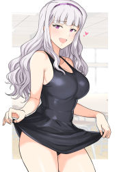 Rule 34 | 1girl, :d, bare arms, bare shoulders, black dress, blunt bangs, blush, breasts, cleavage, collarbone, commentary request, cowboy shot, dress, hairband, heart, highres, idolmaster, idolmaster (classic), indoors, large breasts, long hair, looking at viewer, open mouth, panties, pantyshot, purple eyes, purple hairband, shijou takane, short dress, sidelocks, silver hair, skirt hold, sleeveless, sleeveless dress, smile, solo, thighs, tsurui, underwear, upskirt, wavy hair