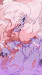 Rule 34 | 1girl, absurdres, animal ears, big hair, body fur, breasts, claws, colored sclera, creatures (company), facial mark, female focus, fur collar, furry, furry female, game freak, glint, gradient hair, highres, hisuian zoroark, long hair, looking at viewer, medium breasts, multicolored hair, navel, nintendo, nipples, orange sclera, plague of gripes, pointy ears, pokemon, pokemon (creature), purple fur, pussy, red eyes, red fur, red hair, slit pupils, smoke, snout, solo, standing, third-party edit, two-tone hair, very long hair, whisker markings, white fur, white hair, wolf ears, wolf girl, yellow eyes