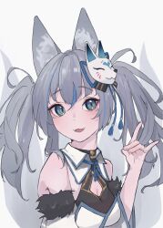 Rule 34 | 1girl, :3, animal ear fluff, animal ears, blue eyes, cleavage cutout, clothing cutout, detached sleeves, eyeliner, facial mark, fang, fox ears, fox girl, fox mask, fox shadow puppet, fox tail, fur-trimmed sleeves, fur trim, grey background, grey hair, hand up, highres, inari iroha, long hair, looking to the side, makeup, mask, multicolored hair, multiple tails, noripro, open mouth, red eyeliner, sayachan 1210, simple background, smile, solo, streaked hair, tail, twintails, upper body, virtual youtuber