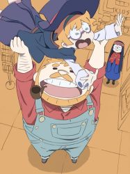 Rule 34 | 10s, 1boy, 2girls, arai hiroki, arm hair, beard, black hair, closed eyes, facial hair, family, father and daughter, freckles, glasses, hat, headband, highres, lifting person, little witch academia, long hair, lotte jansson, mother and daughter, multiple girls, mustache, open mouth, orange hair, overalls, parent and child, robe, round eyewear, shirt, short hair, skirt, smoking pipe, witch, witch hat