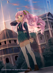 Rule 34 | 1girl, black jacket, blazer, blue sky, brown footwear, building, cloud, collared shirt, commentary request, copyright notice, copyright request, green necktie, green skirt, jacket, loafers, long hair, natsume eri, necktie, official art, outdoors, pink hair, pleated skirt, school uniform, shirt, shoes, skirt, sky, solo, sunset, thighhighs, very long hair, watermark, white shirt, white thighhighs