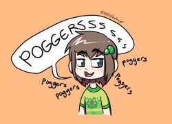 Rule 34 | 1girl, blue eyes, blush, brown hair, child, english text, freckles, frog, green hair ornament, green shirt, green stripe, hair ornament, indie virtual youtuber, lily hopkins, looking to the side, messy hair, milkdestroyer, open mouth, orange background, shirt, short sleeves, simple background, source request, speech bubble, striped clothes, striped shirt, t-shirt, tongue, upper body, virtual youtuber