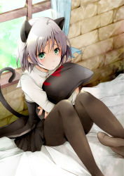 Rule 34 | 1girl, :&lt;, akatsuki hijiri, animal ears, bed, black pantyhose, blush, cat ears, cat tail, curtains, extra ears, green eyes, grey hair, hugging object, pantyhose, pillow, pillow hug, sanya v. litvyak, sitting, skirt, solo, strike witches, tail, window, world witches series