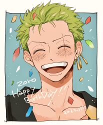 Rule 34 | 1boy, :d, ^ ^, bad id, bad twitter id, closed eyes, closed mouth, confetti, green hair, happy birthday, highres, inactive account, male focus, one piece, open mouth, pipitos65, portrait, roronoa zoro, scar, scar across eye, short hair, smile, solo