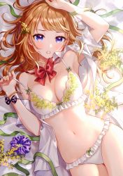 Rule 34 | 1girl, absurdres, arm up, armpits, bare shoulders, bed sheet, blue eyes, blush, bow, bow bra, bow panties, bowtie, bra, bracelet, breasts, brown hair, cleavage, floral print, flower, frilled bra, frilled panties, frills, green ribbon, hair flower, hair ornament, hand up, highres, jewelry, long hair, looking at viewer, lying, medium breasts, mimosa (flower), morikura en, navel, no pants, off shoulder, on back, open clothes, open shirt, original, panties, parted lips, pulling own clothes, ribbon, scan, scrunchie, shirt, signature, solo, stomach, strap pull, thighs, underwear, white bra, white panties, white shirt, yellow flower