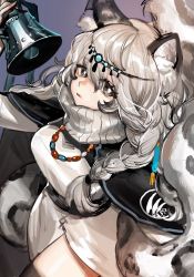 Rule 34 | 1girl, animal ear fluff, animal ears, arknights, bead necklace, beads, bell, black cape, black capelet, braid, breasts, cape, capelet, dress, grey eyes, head chain, holding, holding bell, jewelry, leopard ears, leopard girl, leopard tail, necklace, nima (niru54), pramanix (arknights), side braids, tail, turtleneck, turtleneck dress