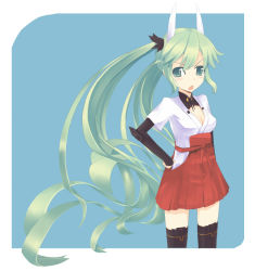 Rule 34 | 1girl, animal ears, bad id, bad pixiv id, green eyes, green hair, hand on own hip, hatsune miku, hip focus, long hair, matching hair/eyes, parody, powhu, solo, strike witches, thighhighs, twintails, very long hair, vocaloid, world witches series