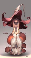 Rule 34 | 1girl, bare shoulders, brown hair, closed mouth, collarbone, covered collarbone, covered navel, flower, flower hat, grey background, hat, highres, holding, holding wand, large hat, leotard, mushroom, nishiki areku, original, short hair, signature, sitting, skindentation, solo, turtleneck, wand, white footwear, white legwear, witch, witch hat